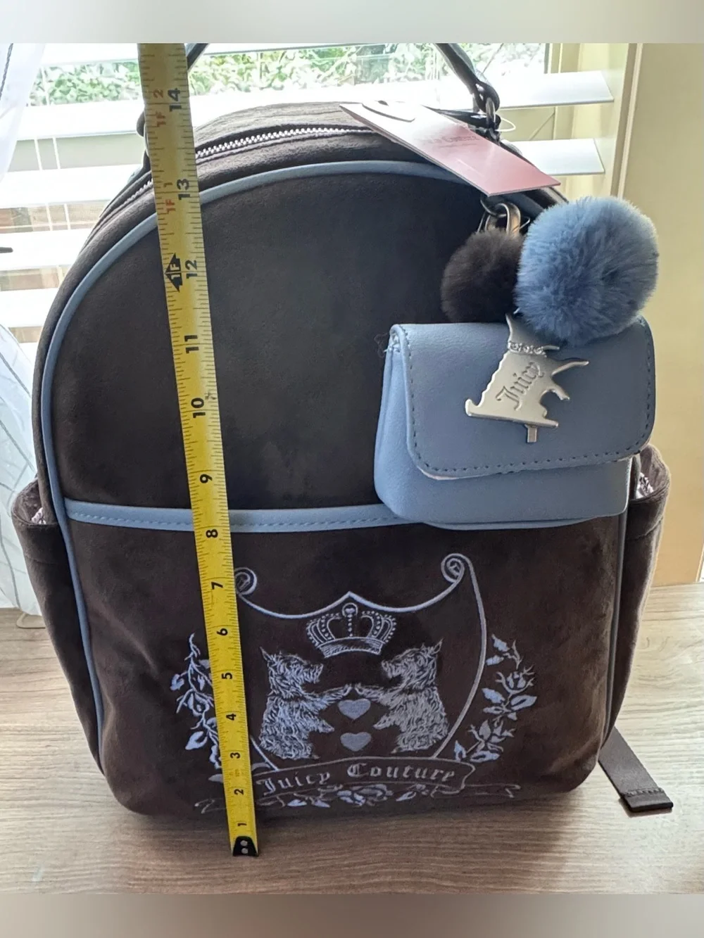 Juicy Couture Brown  Velour Backpack with Light Blue Charm Pouch
